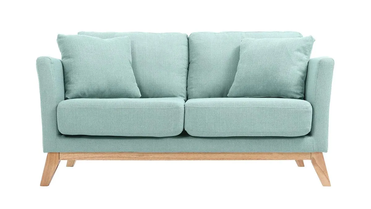 Canapé scandinave déhoussable 2 places en tissu vert lagon et bois clair OSLO