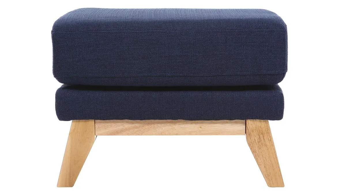Pouf repose-pieds déhoussable scandinave en tissu bleu foncé et bois clair OSLO