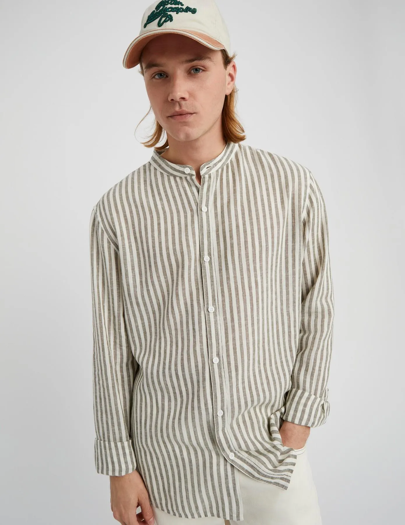 Chemise rayée col mao - Vert Kaki