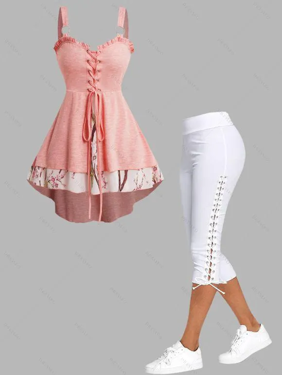 Saint Valentin High Low O Ring Top Top et Lacet Up Skinny Leggings Tengit