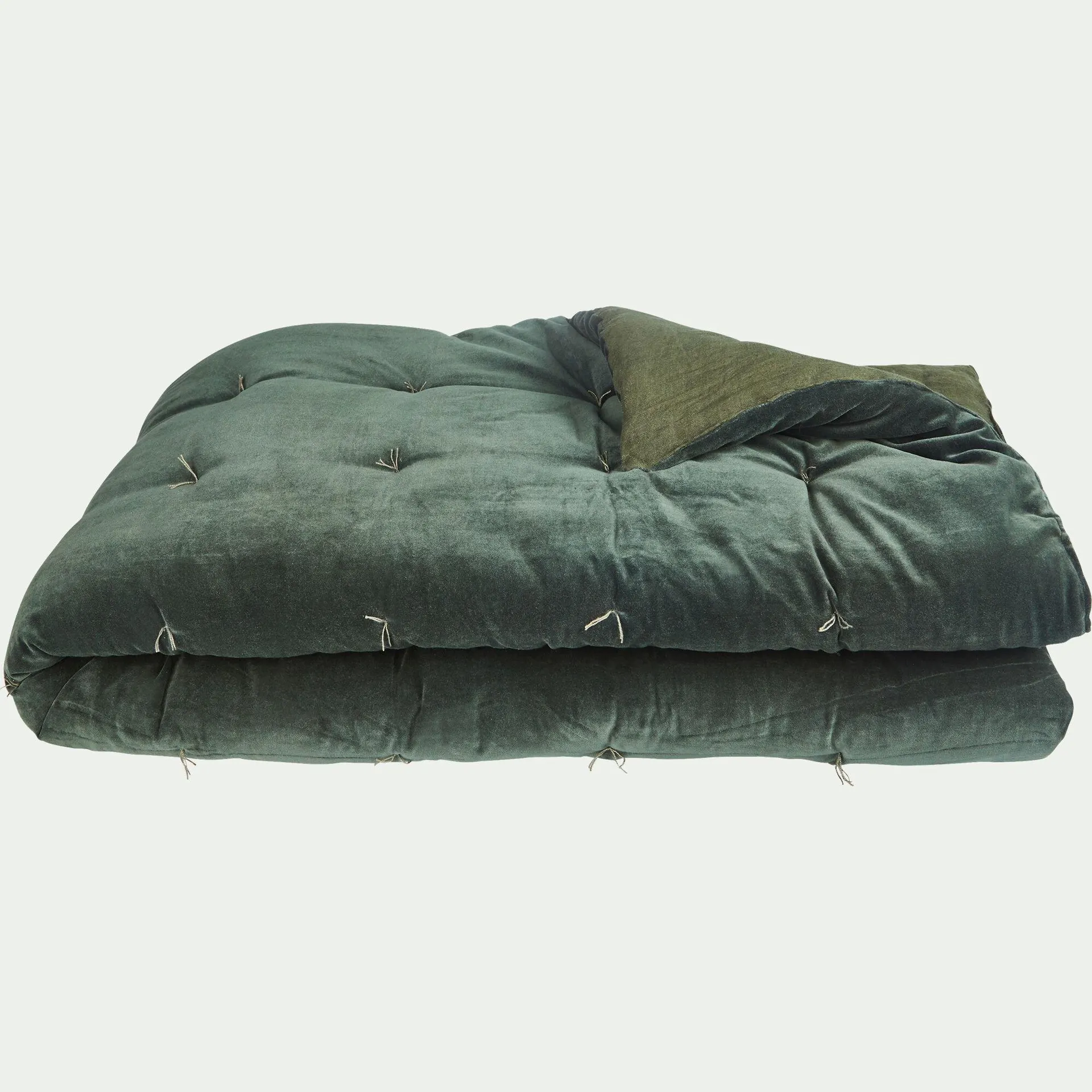Édredon en velours de coton 100x180cm surpiquage pompons - vert cèdre