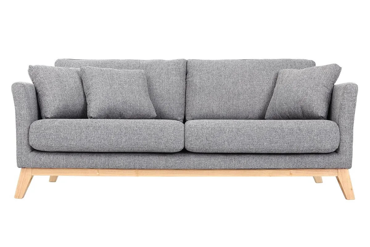Canapé scandinave déhoussable 3 places en tissu gris clair et bois clair OSLO