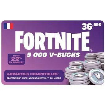 Code de téléchargement Epic Games Fortnite 5000 V-Bucks : Compte français uniquement - Non remboursable