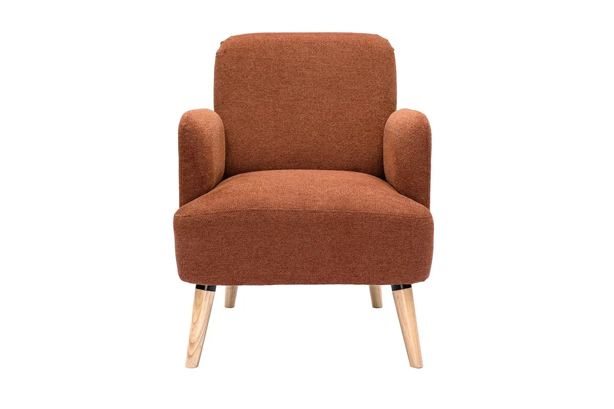 Fauteuil scandinave en tissu effet velours texturé terre brûlée et bois clair ISKO