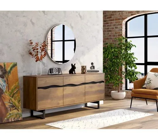 Buffet 3 portes 3 tiroirs 180 cm OLKEN 2 imitation chêne et noir