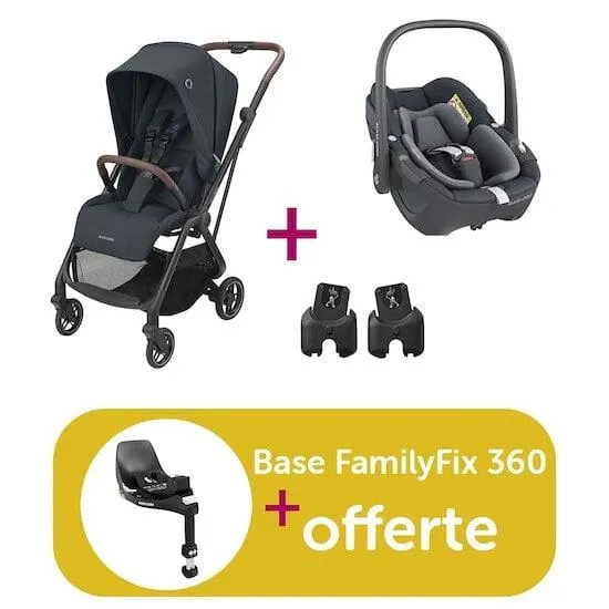 Pack poussette duo Léona Essential Graphite + coque Pebble Essential Graphite + adaptateurs = base FamilyFix 360 offerte de Maxi Cosi