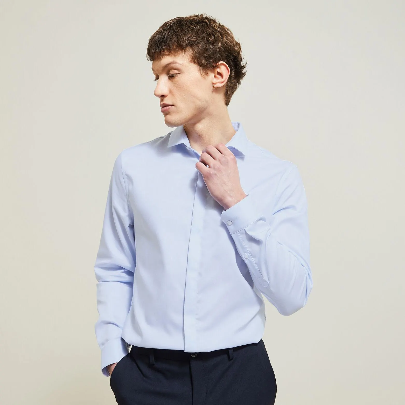 Chemise slim unie sans repassage en coton - Bleu clair