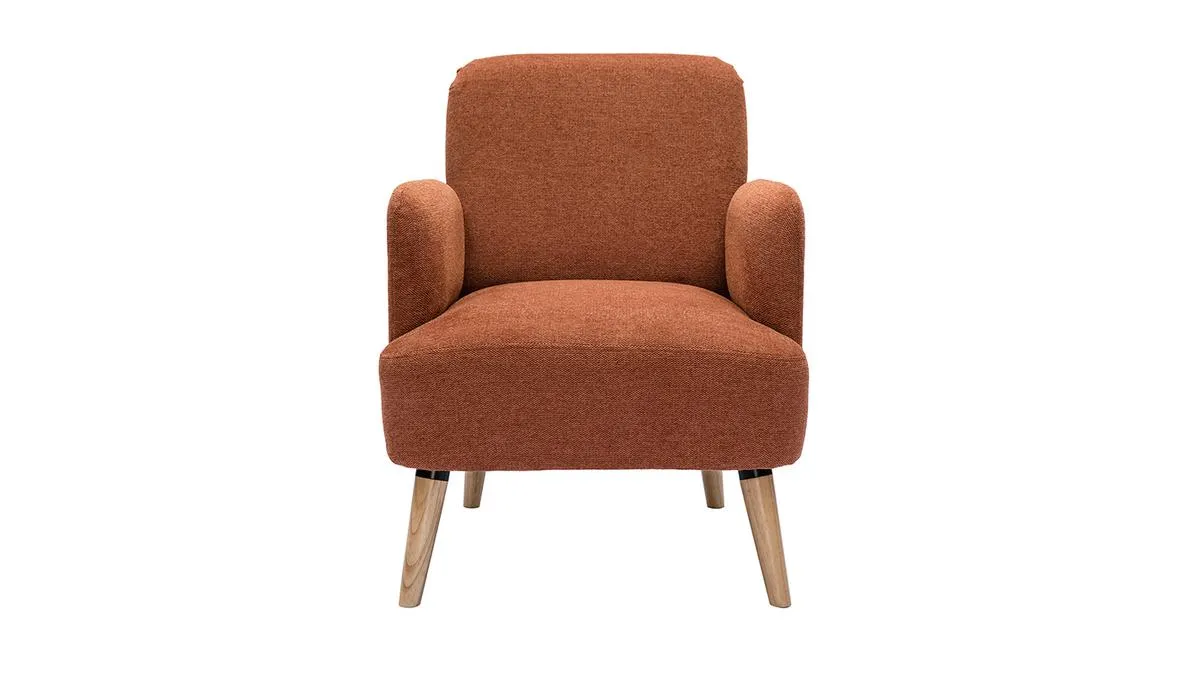 Fauteuil scandinave en tissu effet velours texturé terre brûlée et bois clair ISKO