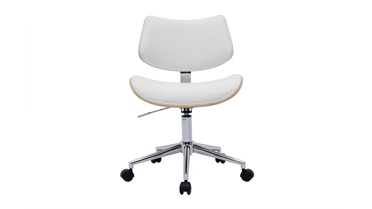 Chaise de bureau à roulettes design blanc, bois clair chêne et métal MALMO