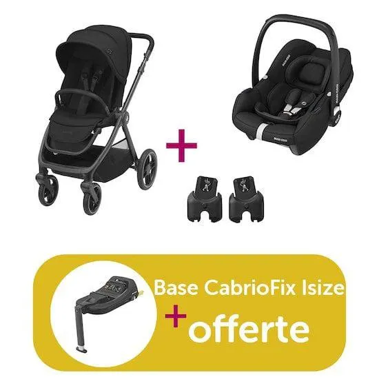 Pack poussette duo Oxford Essential Black + coque cabriofix Essential Black + adaptateurs = base CabrioFix i-size offerte de Maxi Cosi