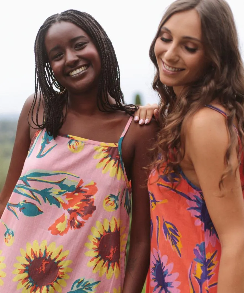 Robe longue à bretelles Rosa Tournesols en coton tramé