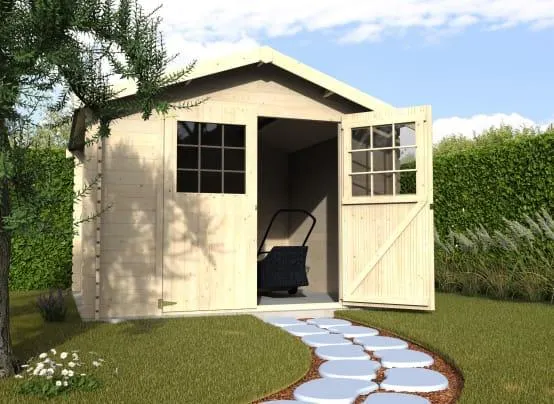 Abri de jardin bois Flodovrak 8,88 m² – 2,98 × 2,98 × 2,32 m, madriers 28 mm, double porte vitrée – Décor et Jardin