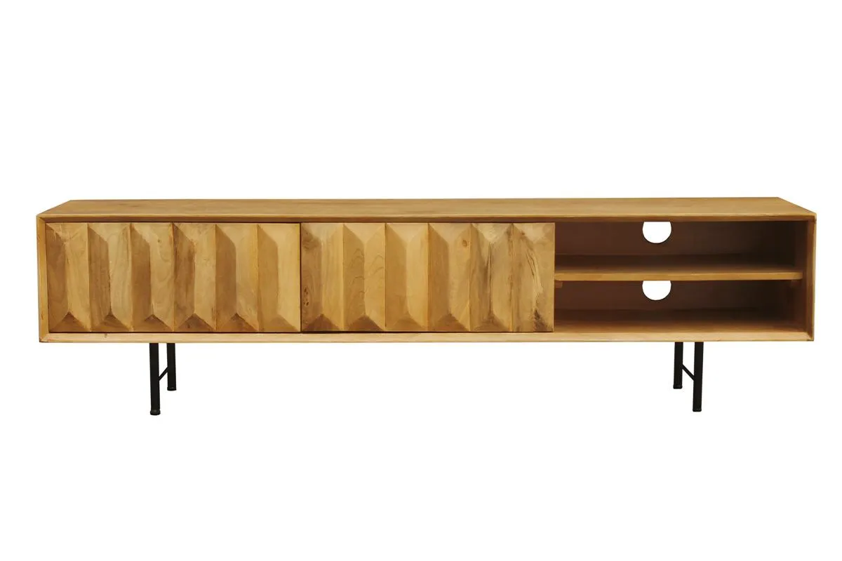 Meuble TV en bois clair manguier massif gravé L160 cm AGRA