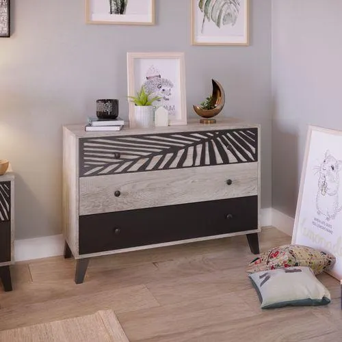 Commode 3 tiroirs avec motif PALMA noir et imitation chêne