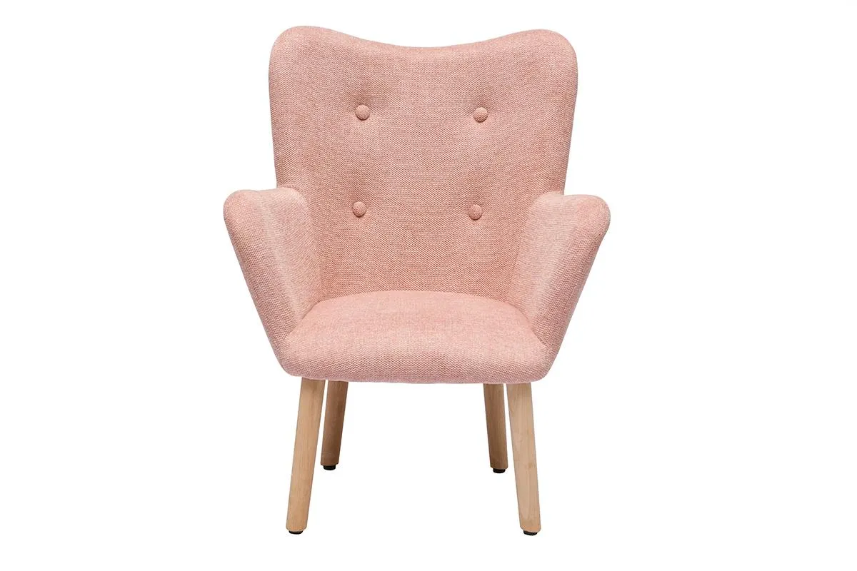 Fauteuil enfant scandinave en tissu effet velours texturé rose et bois clair BABY BRISTOL