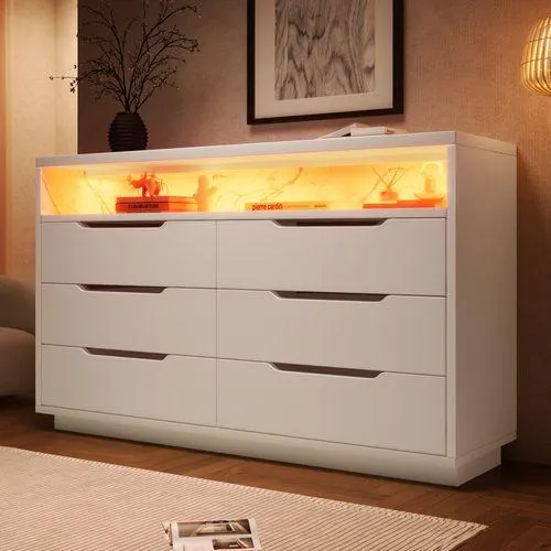 OKWISH Commode Avec Éclairage LED Et 6 Tiroirs, Compartiment Avec Grain De Marbre, 120x40x85cm, Blanc