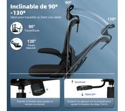 AIRCHROS Fauteuil De Bureau Ergonomique, Chaise De Bureau, Lombaire Réglable, Appui-tête Et Accoudoirs, Noir