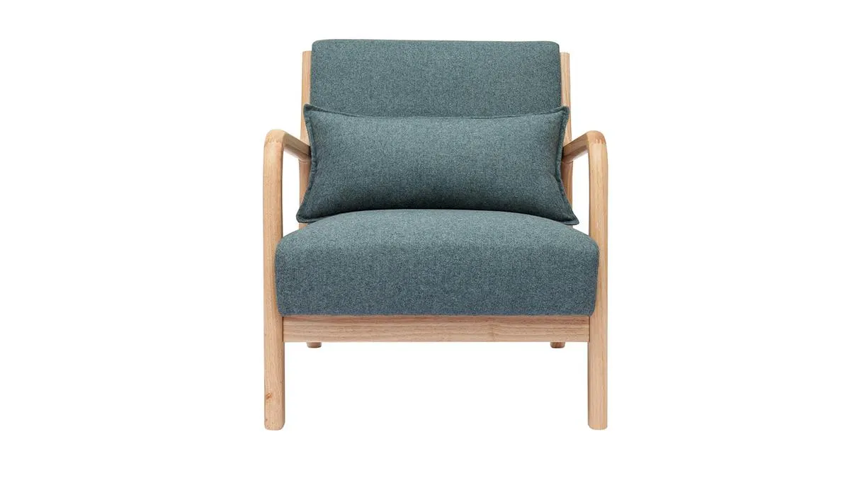 Fauteuil scandinave en tissu vert de gris et bois clair massif DERRY
