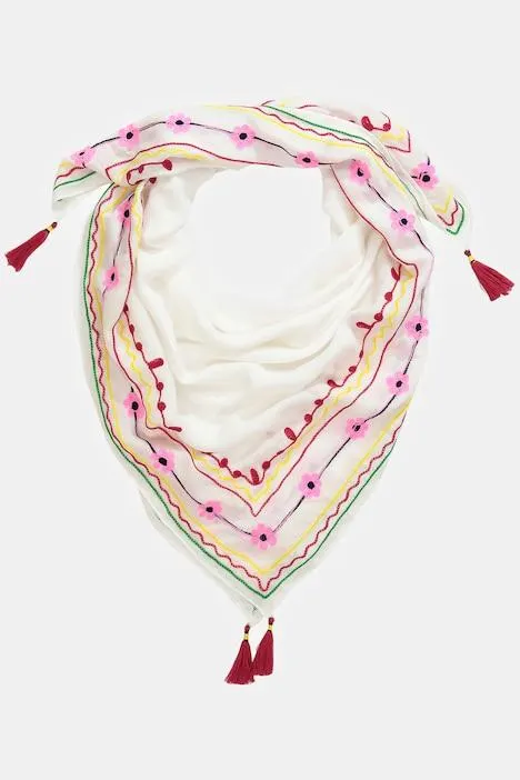 Écharpe, broderie, fleurs, pompons