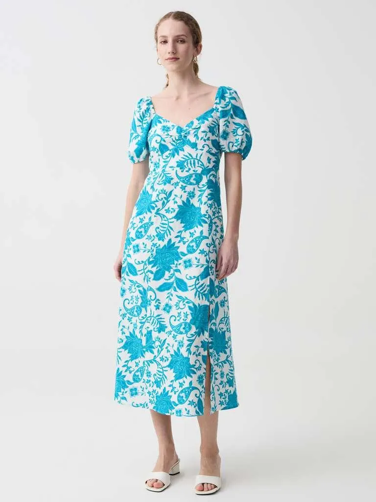 Long dress with puff sleeves Blanc/bleu clair