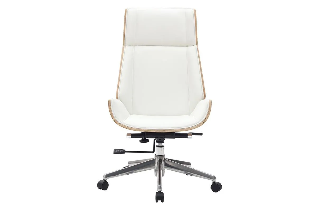 Fauteuil de bureau de direction design blanc, bois clair et acier chromé CURVED