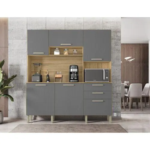 Buffet De Cuisine 6 Portes 2 Tiroirs Chêne Et Gris L 180.2 H 198 P 38.8 Cm