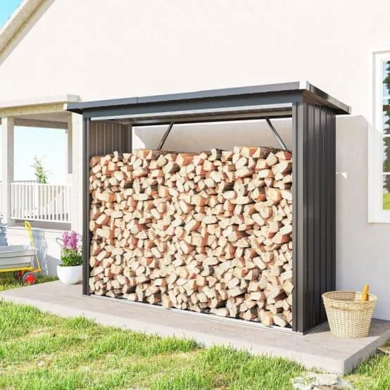 Abri bûches extérieur 213 cm en acier galvanisé avec toit incliné Gris Foncé – ComfortXL Outdoor Living