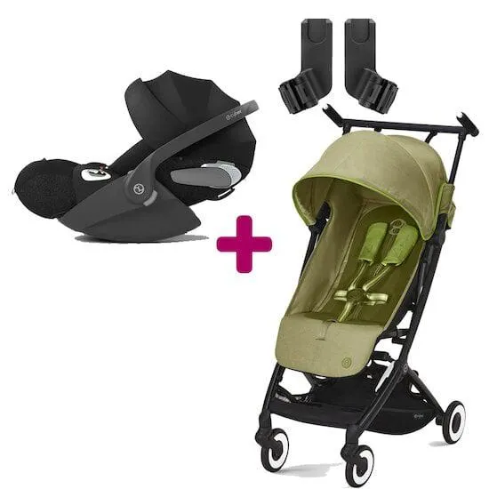 Pack Poussette duo Libelle Nature Green + Coque Cloud T i-Size Sepia Black + adaptateurs coque de Cybex
