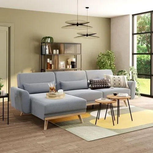 Canapé d'angle convertible méridienne réversible MARINE tissu gris clair