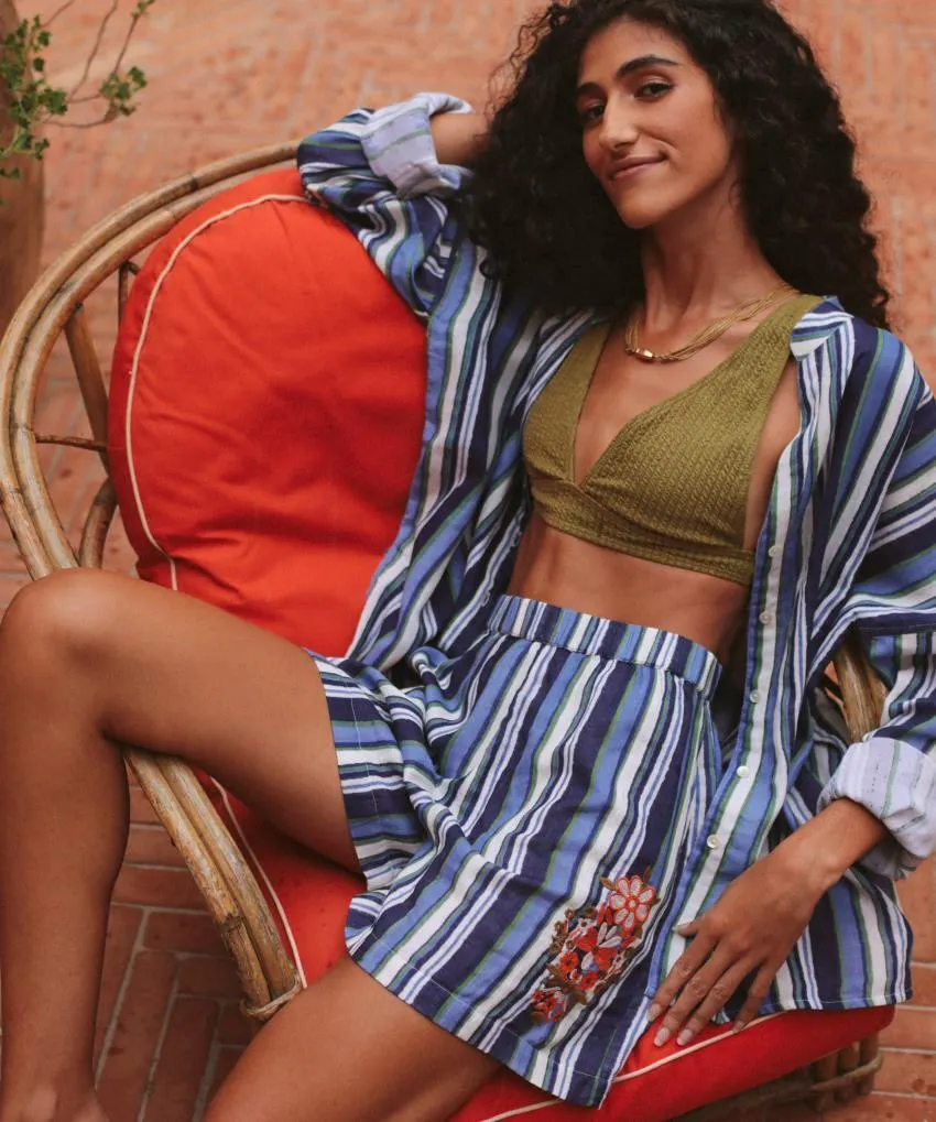 Short Ava rayures et broderies en gaze de coton