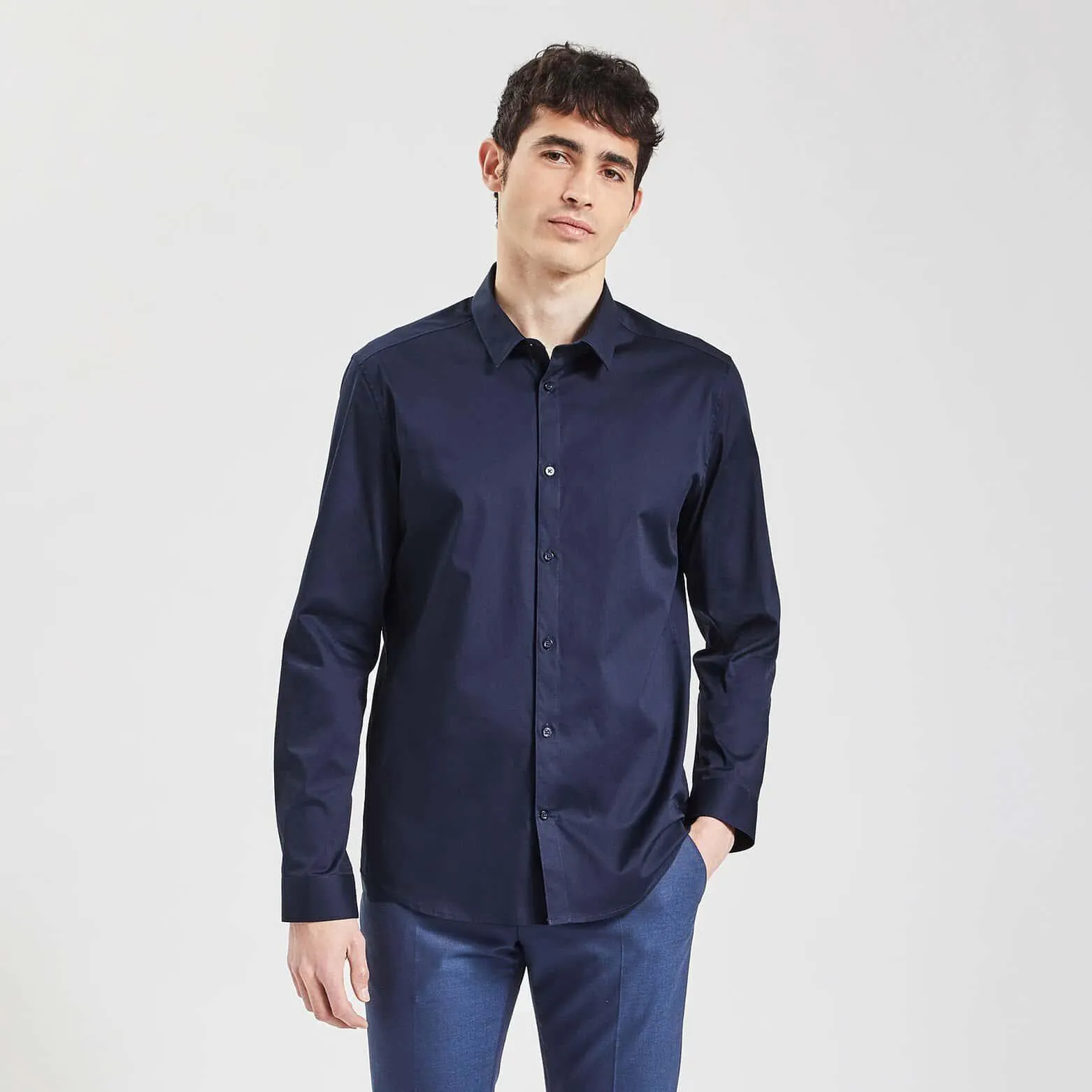 Chemise slim unie coton biologique stretch - Bleu foncé