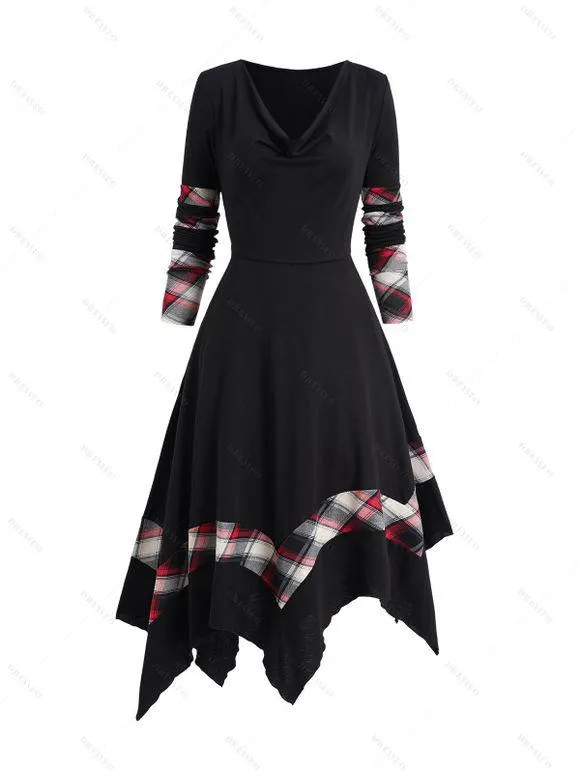 Robe Mi-Longue Asymétrique Panneau à Carreaux à Manches Longues à Col Bénitier