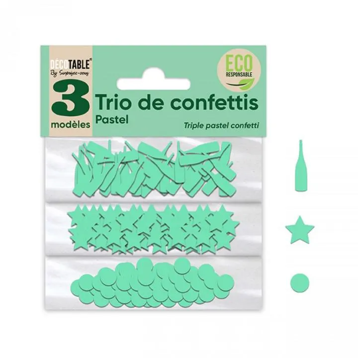 Trio de Confettis vert excellence en sachet- Ronds/Etoiles/Coupes