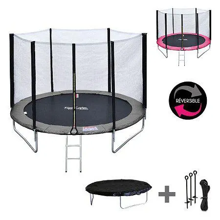 Pack Premium Trampoline 245cm réversible gris / rose CANBERRA + filet, échelle, bâche et kit d'ancrage