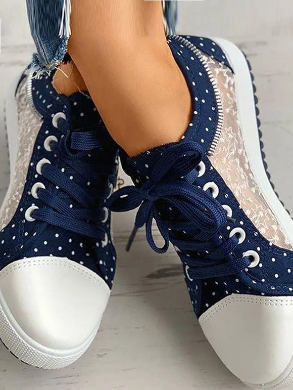 Polka Dots Lace Panel Rose Embellishment Lace Up Flat Platform Canvas Shoes