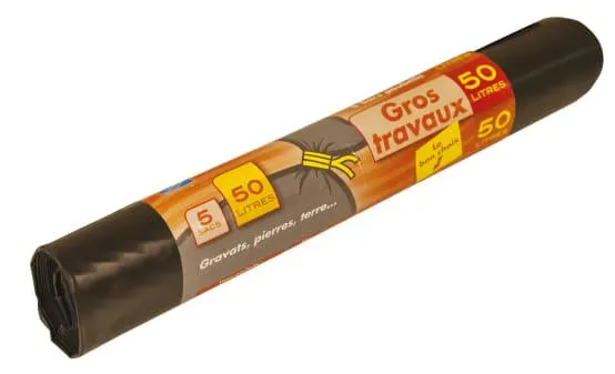 Sacs Gravats 50L 60 x 85-Noir-Coex-100µ x5 - Lien de fermeture
