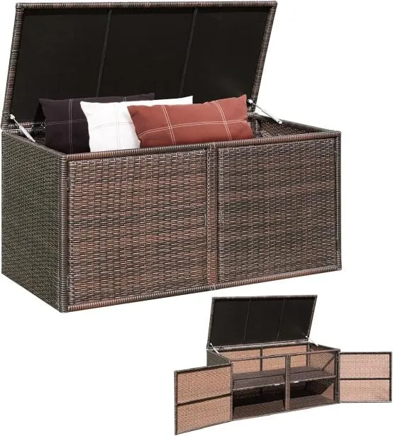 Coffre de Rangement Jardin 335L en Rotin PE, Charge 120 kg, avec 2 Etagères 115 x 60 x 65 CM Marron