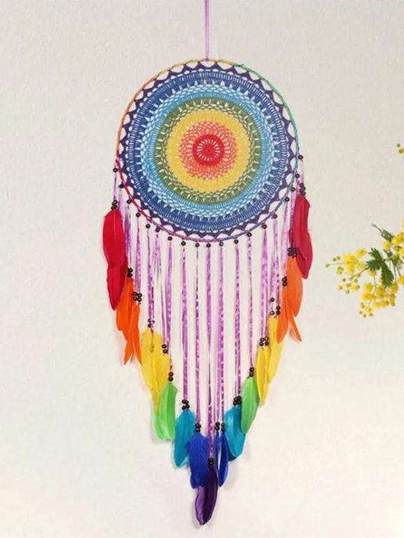 Attrape-Rêve Couleur Arc-en-Ciel et Plumes Style Bohémien Décoration Maison