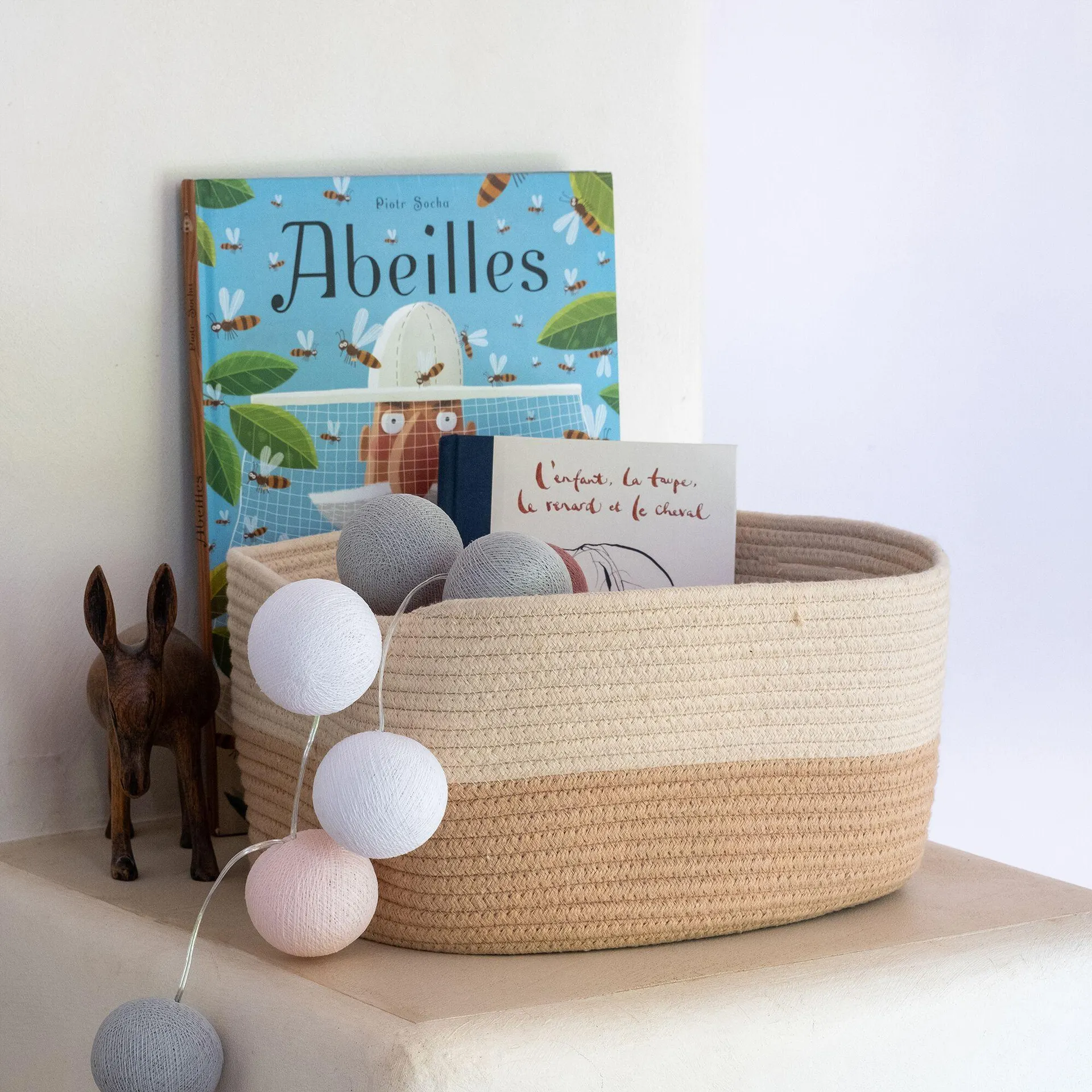 Panier de rangement bicolore en tissu H20cm - beige