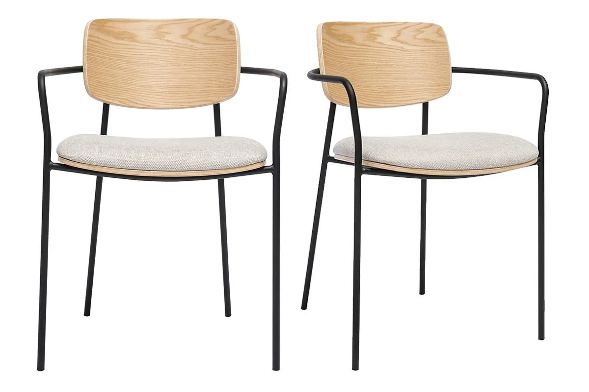 Chaises en bois clair chêne, tissu effet velours texturé beige et métal noir (lot de 2) SUSAN
