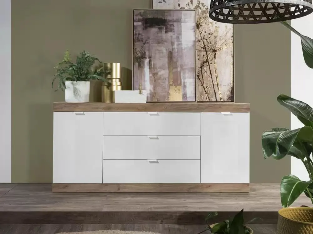 Bahut 2 portes 3 tiroirs Lime chene cadiz/blanc brillant