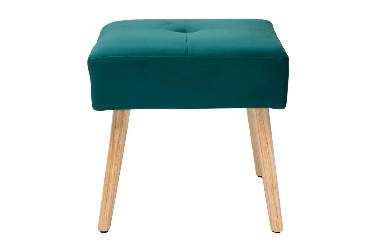 Tabouret bas en tissu velours bleu pétrole et bois clair massif H46 cm GUESTA