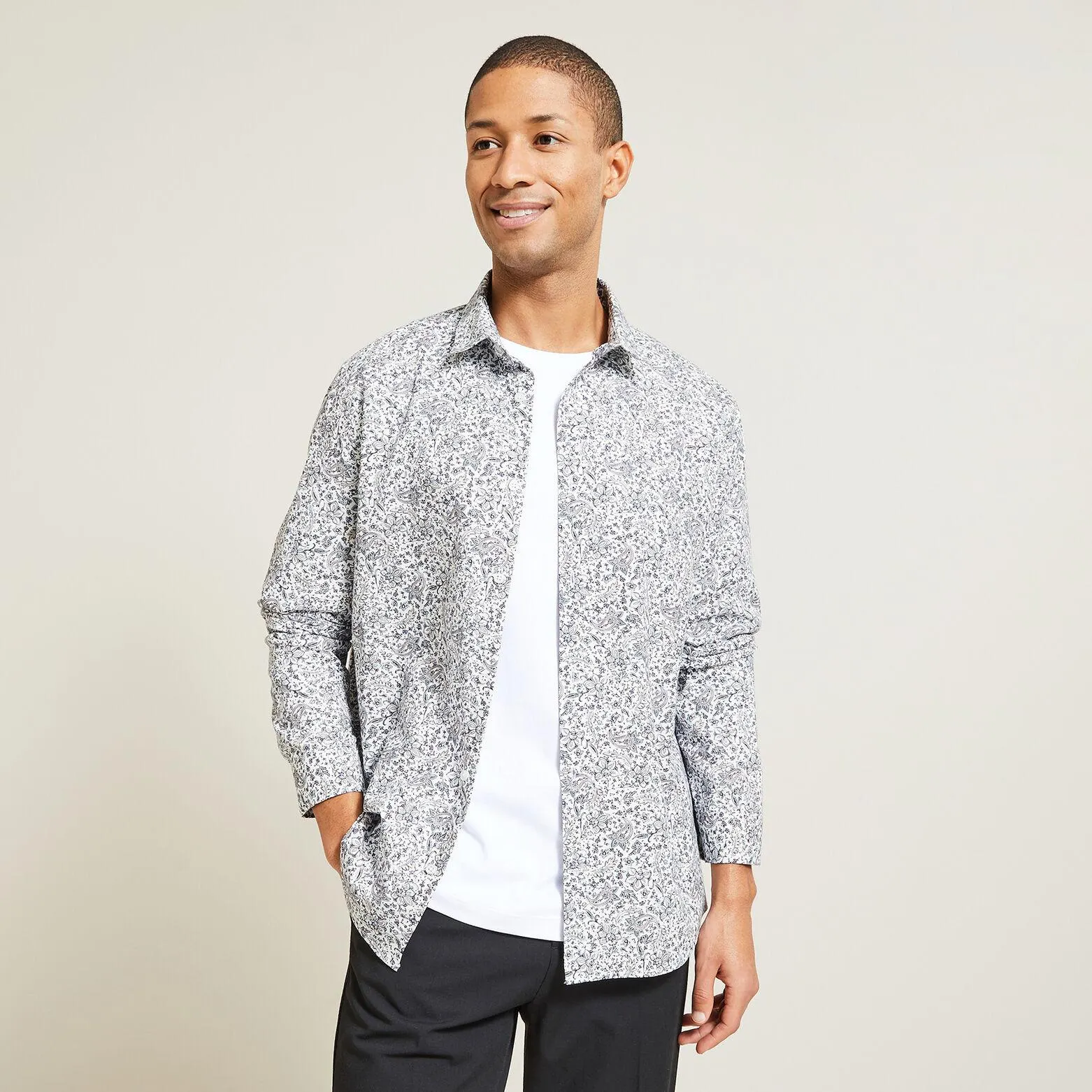 Chemise regular oxford imprimé fleur coton - Ecru