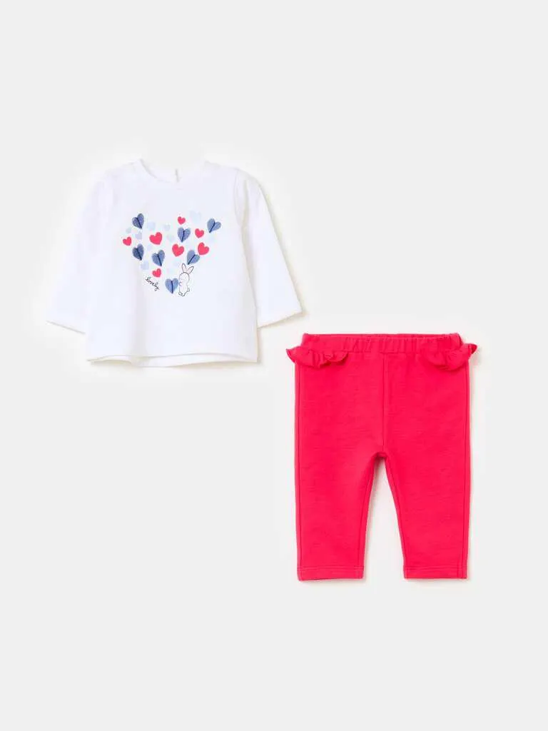 Sweatshirt with print and leggings set with frills Blanc/rose