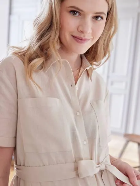 Robe longue saharienne de grossesse et d'allaitement - gris perle