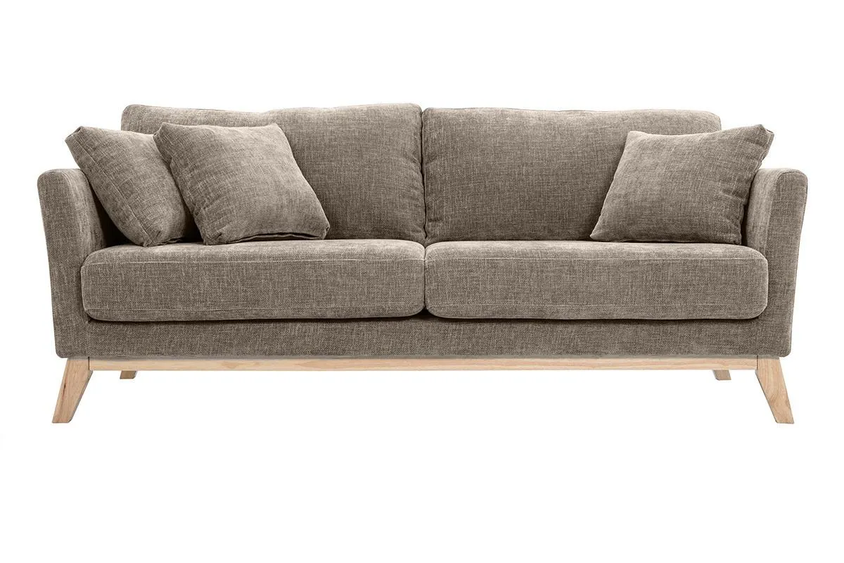 Canapé scandinave déhoussable 3 places en tissu effet velours texturé taupe et bois clair OSLO