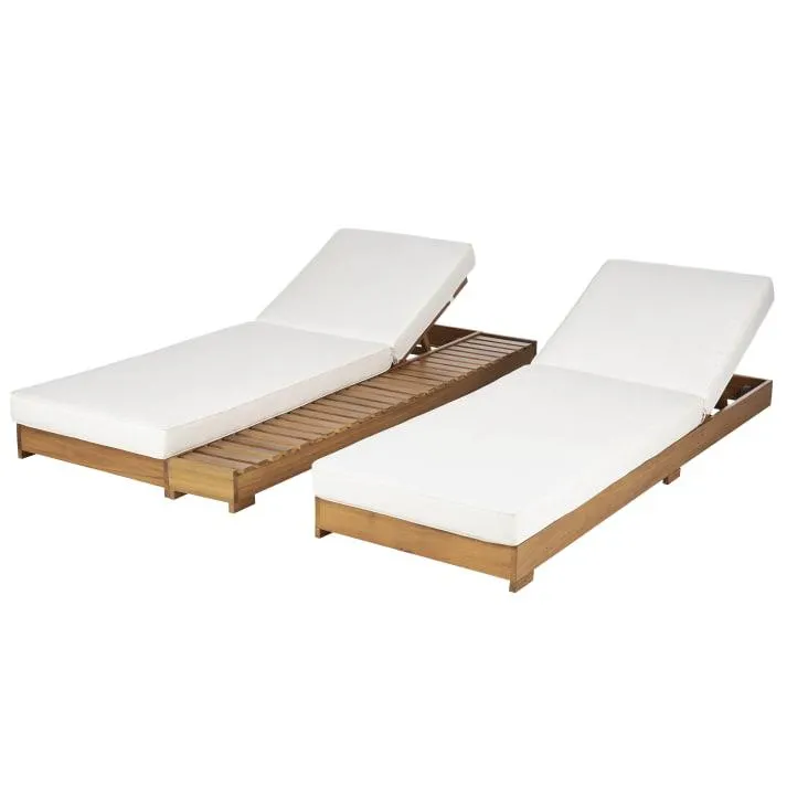 Tumbona doble de madera de acacia y tejido de poliéster reciclado color crudo