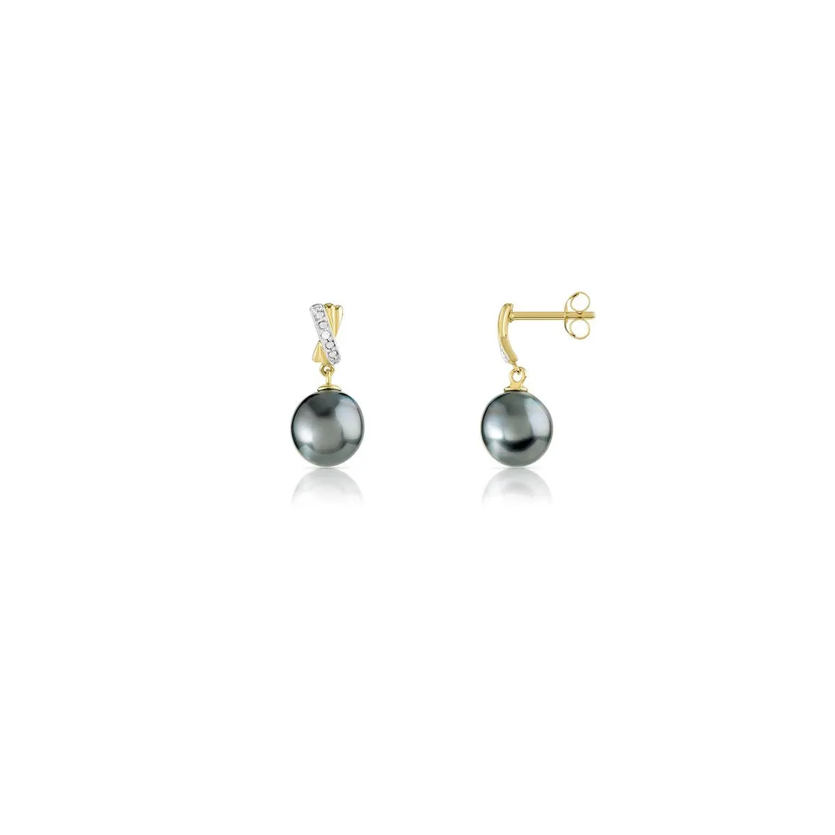 Boucles d'oreilles or 750 2 tons pendants perles de culture de Tahiti et diamants
