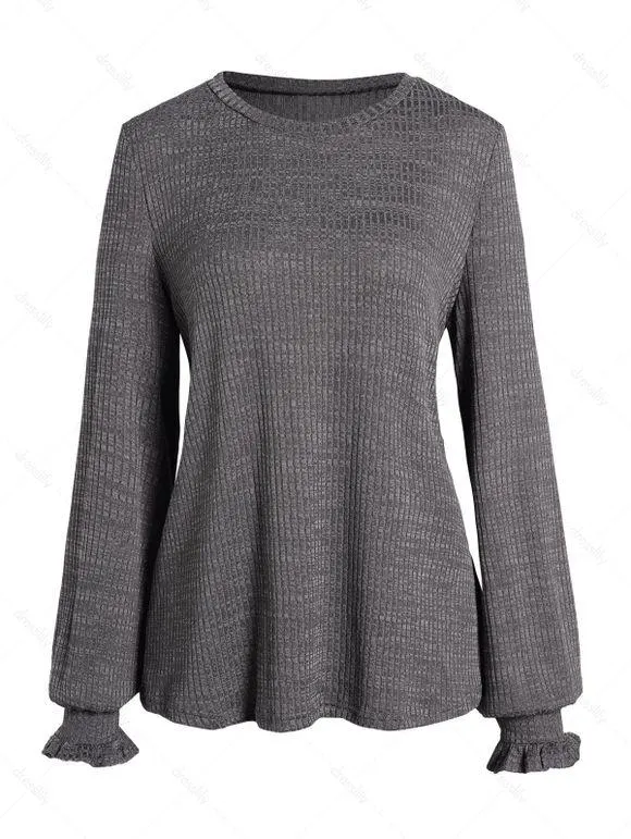 Haut Décontracté Simple Chiné Manchette à Volants à Manches Longues