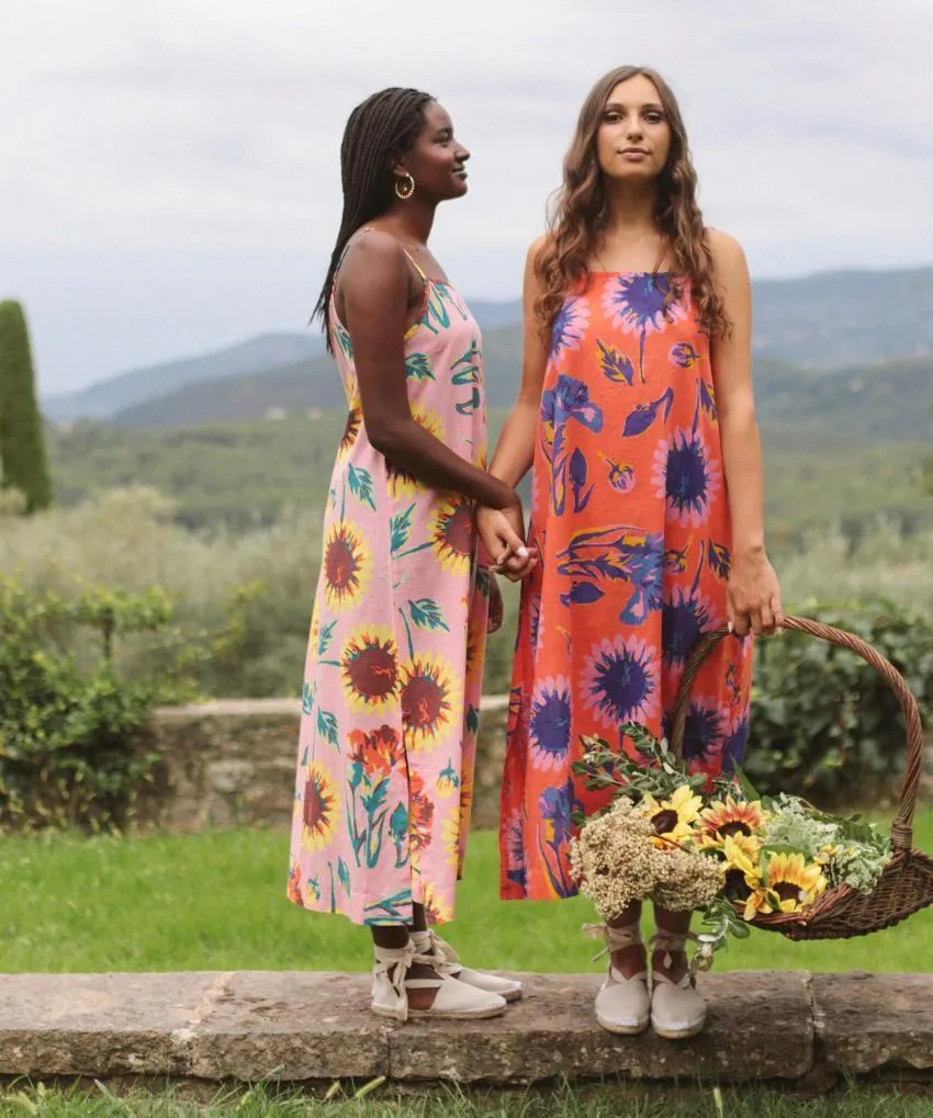 Robe longue à bretelles Rosa Tournesols en coton tramé